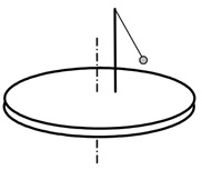Небольшое тело привязано к вертикальной стойке, расположенной на вращающемся диске. Чему равна частота вращения диска и сила натяжения нити?