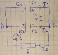 Сопротивление подключено к двум параллельно соединенным разноименными полюсами источникам тока. Определить ток в сопротивлении и разность потенциалов на зажимах второго источника.