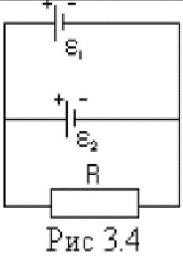 Две батареи соединены, как показано на рис. 3.4. Определить силу тока в батареях и реостате.
